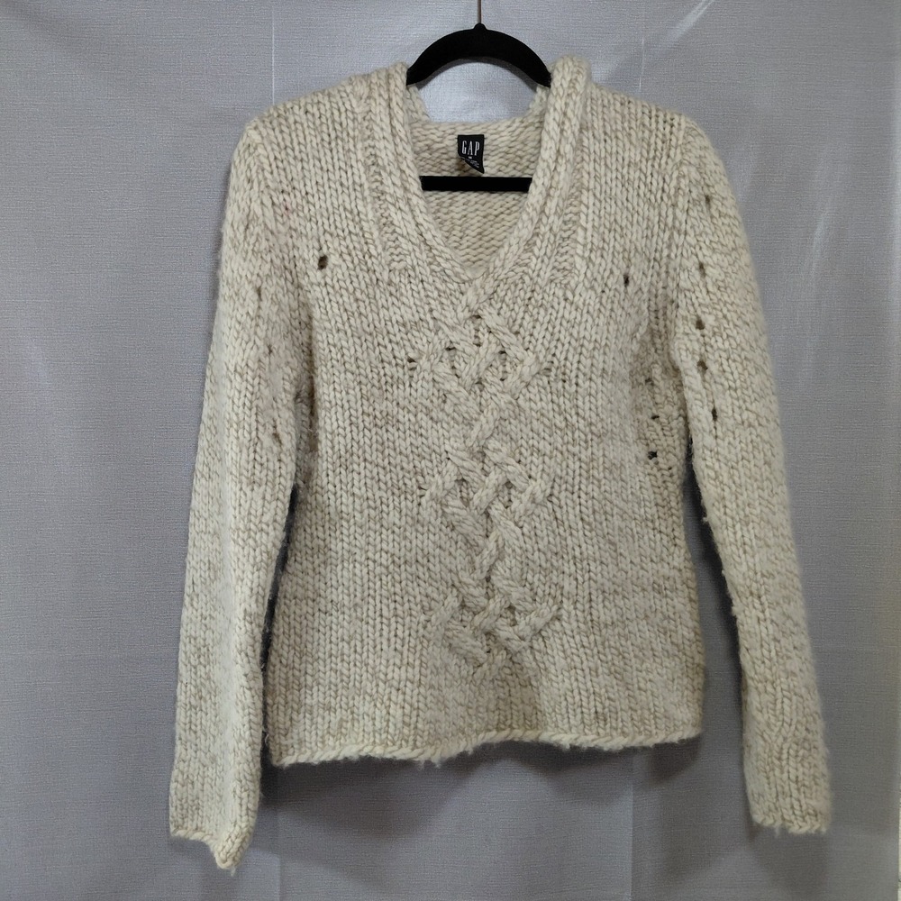 Vtg Y2k Gap Cable Knit Wool Blend Hooded Sweater Women's Med Cream Pullover